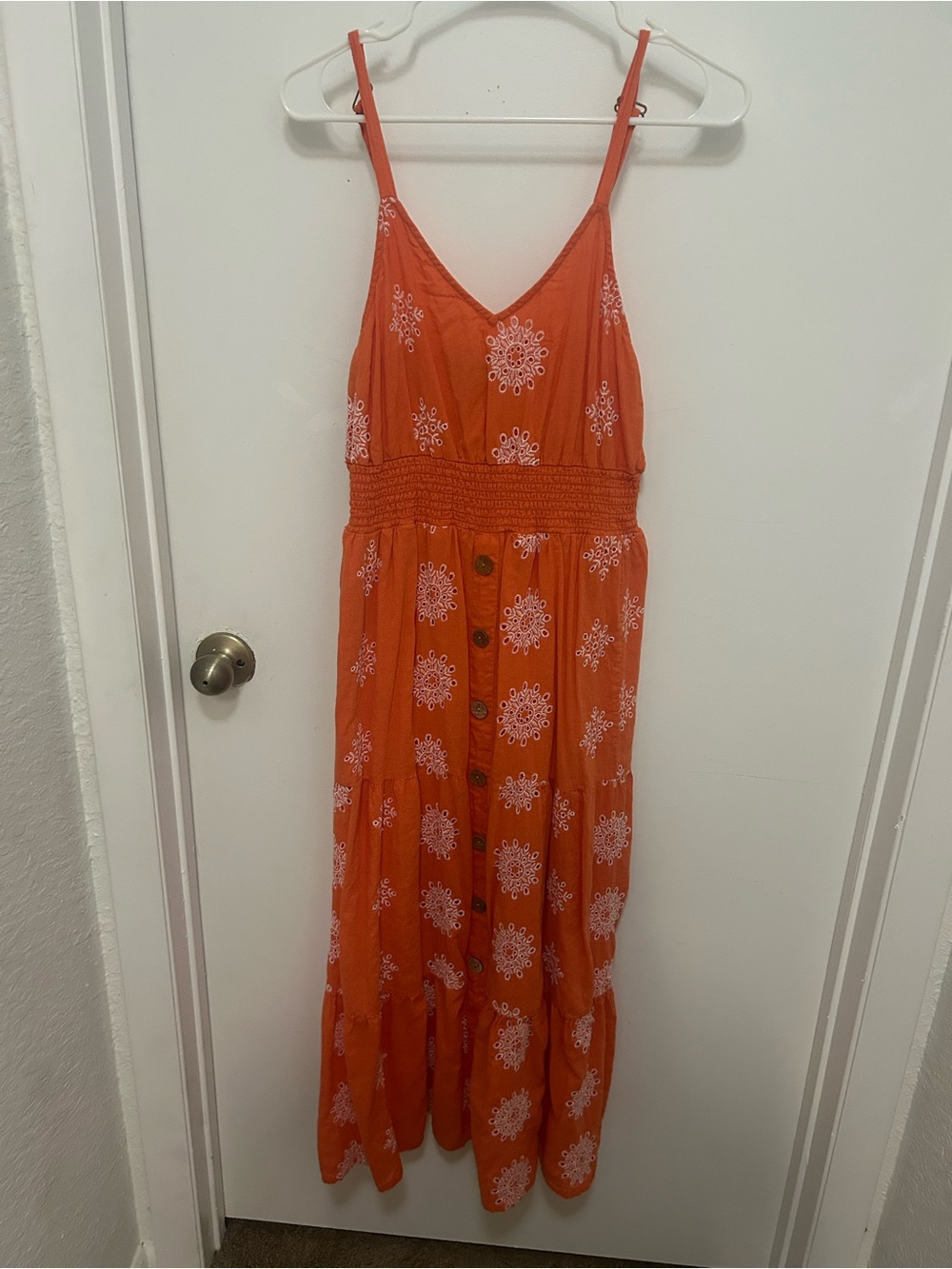 Sleeveless Orange Floral-Print Maxi Dress with Smocked Waist